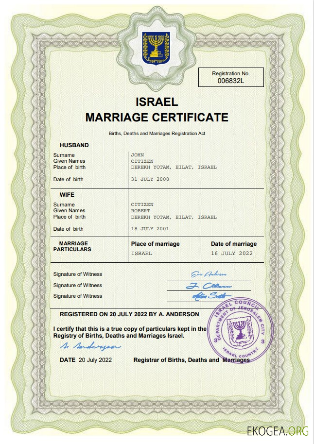 Modèle Word et PDF de certificat de mariage en Israël